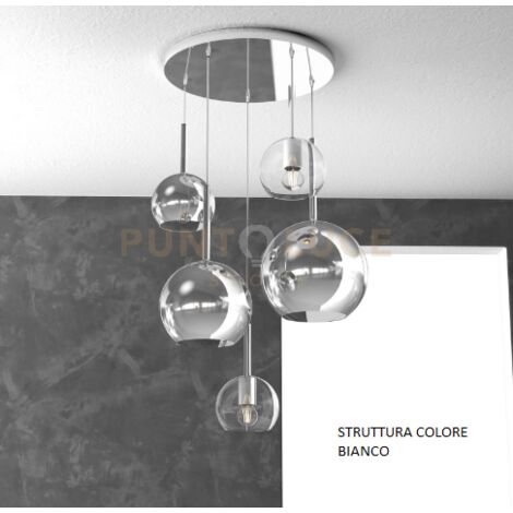SOSP. BIANCO TONDA 5 LUCI VETRI (1 GRANDE CR+1 MEDIO CR+3 PICCOLO (1X CR+2X TR)) 1155BI-S5 TMIX-TC