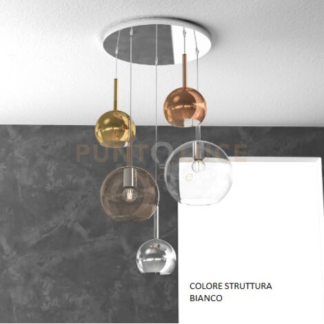 SOSP. BIANCO TONDA 5 LUCI VETRI (1 GRANDE TR+1 MEDIO AM +3 PICCOLO(1X RA+1X CR+1 X OR) 1155BI-S5 TMIX-MC