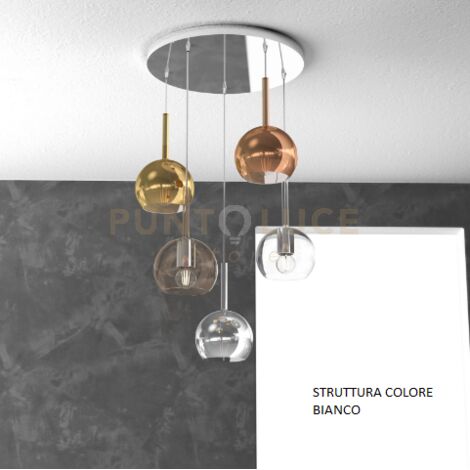 SOSP. BIANCO TONDA 5 LUCI VETRI TUTTI PICCOLO TRASPARENTE AMBRA CROMO ORO RAME 1155BI-S5 TP-MC