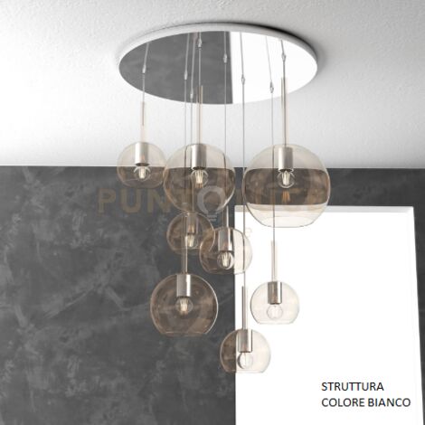 SOSP. BIANCO TONDA 8 LUCI VETRI (1 GRANDE+2 MEDIO +5 PICCOLO) TUTTI AMBRA 1155BI-S8 TMIX-AM