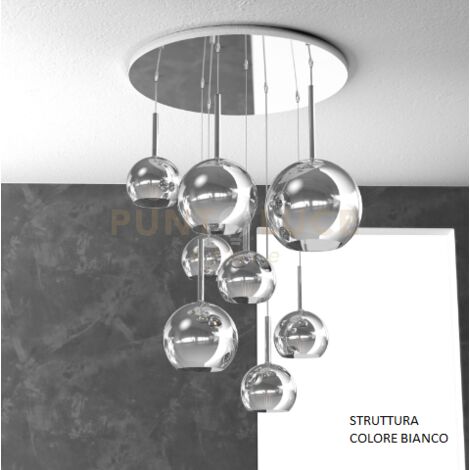 SOSP. BIANCO TONDA 8 LUCI VETRI (1 GRANDE+2 MEDIO +5 PICCOLO) TUTTI CROMO 1155BI-S8 TMIX-CR