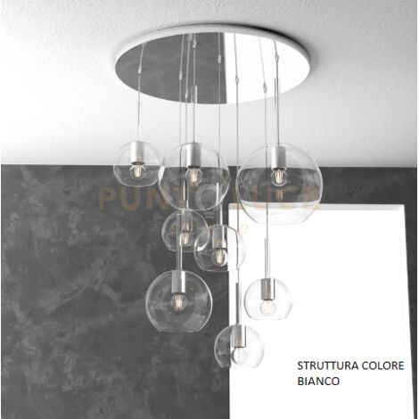 SOSP. BIANCO TONDA 8 LUCI VETRI (1 GRANDE+2 MEDIO +5 PICCOLO) TUTTI TRASPARENTI 1155BI-S8 TMIX-TR