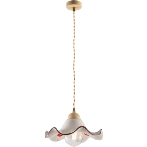 Sospensione 1 Luce Anemone In Ferro Laccato Avorio E Ceramica Decorata