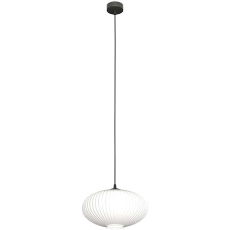 Sospensione 1 Luce Iris In Acciaio Nero Paralume Plissettato Bianco