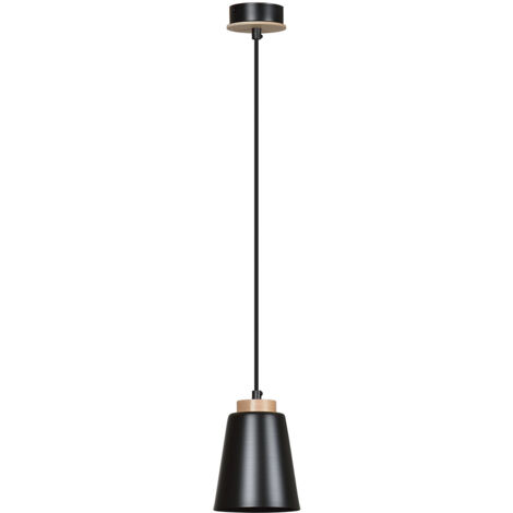 Sospensione 1 Luce Lancillotto A Cono In Acciaio Nero E Legno Naturale