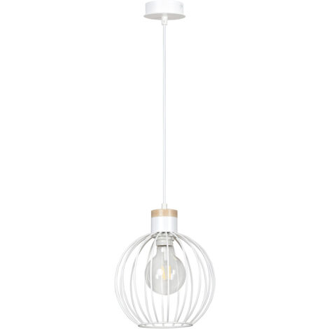 Sospensione 1 Luce Morgana Paralume A Gabbia In Acciaio Bianco E Legno Naturale