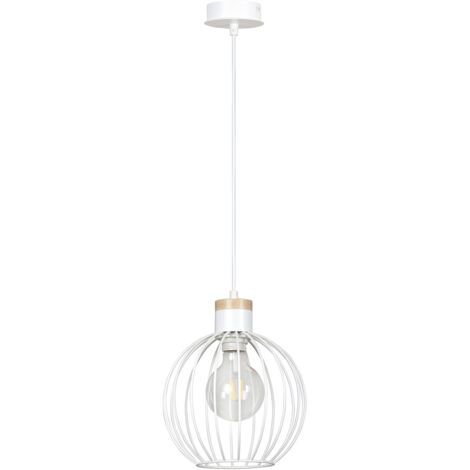 Sospensione 1 Luce Morgana Paralume A Gabbia In Acciaio Bianco E Legno Naturale