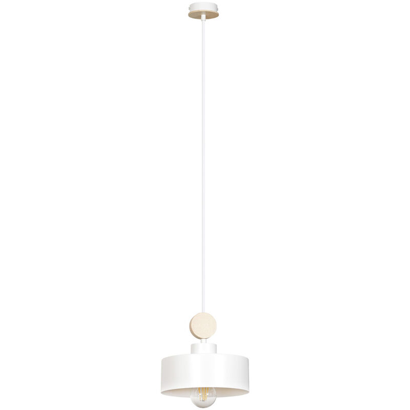 Image of Sospensione 1 Luce Zhurong In Acciaio Bianco e Legno Naturale