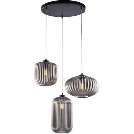 Sospensione 3 Luci Glamour Vetro Soffiato Grigio Specchiato Plissettato