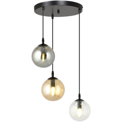 Sospensione 3 Luci Kali In Acciaio Nero Base Tonda E Sfere In Vetro Multicolor