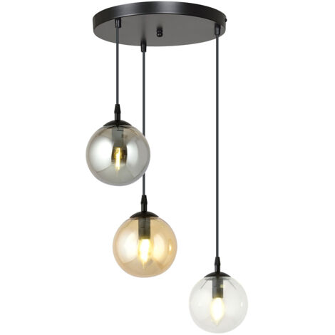 Sospensione 3 Luci Kali In Acciaio Nero Base Tonda E Sfere In Vetro Multicolor