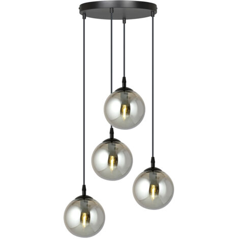 Sospensione 4 Luci Kali In Acciaio Nero Base Tonda E Sfere In Vetro Fumè
