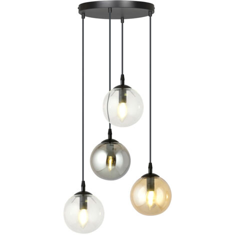 Sospensione 4 Luci Kali In Acciaio Nero Base Tonda E Sfere In Vetro Multicolor