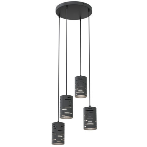Sospensione 4 Luci Venere Con Base Tonda In Acciaio Nero E Cilindri