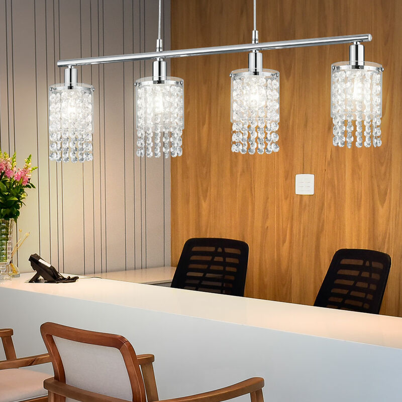 Image of Lampada a sospensione a soffitto con cristalli Lampada a sospensione a 4 luci vetro cromato, P20, 4x E27, LxAxP 80x150x11, soggiorno sala da pranzo