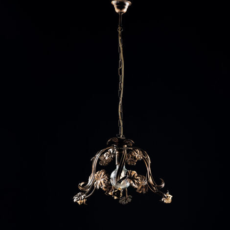 Sospensione Arte Povera 1 Luce Con Foglie In Ferro Marrone E Oro Serie Iris