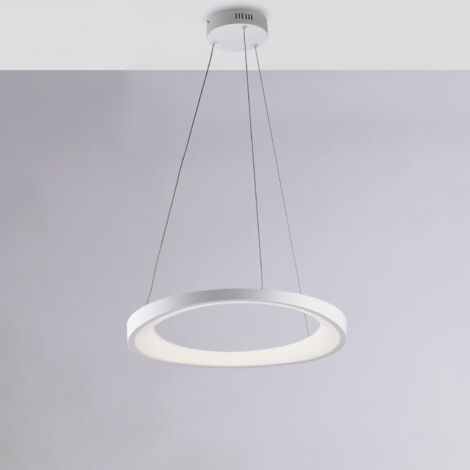 Sospensione circolare in metallo e alluminio laccato bianco con led integrato e cavi elettrici regolabili H.7 - MAX 130 - Ø 50