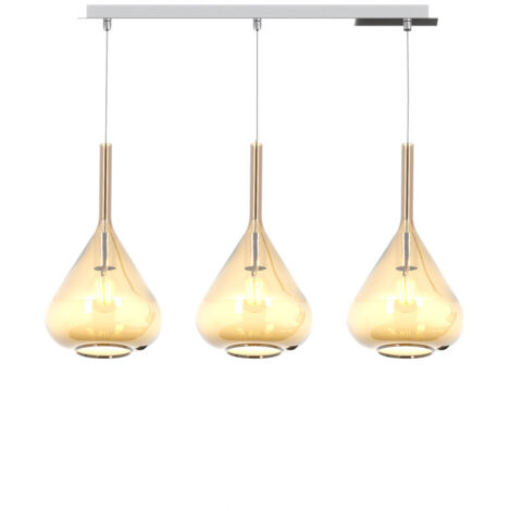 Sospensione Contemp Rett Kona Metallo Cromo Vetro Ambra 3 Luci E27