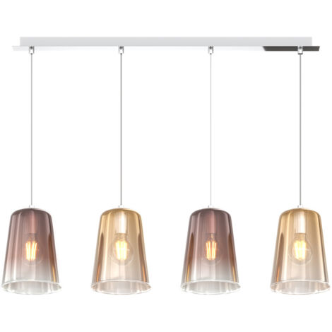 Sospensione Contemp. Rett. Shaded Metallo Cromo Vetro Ambra E Rame 4 Luci E27