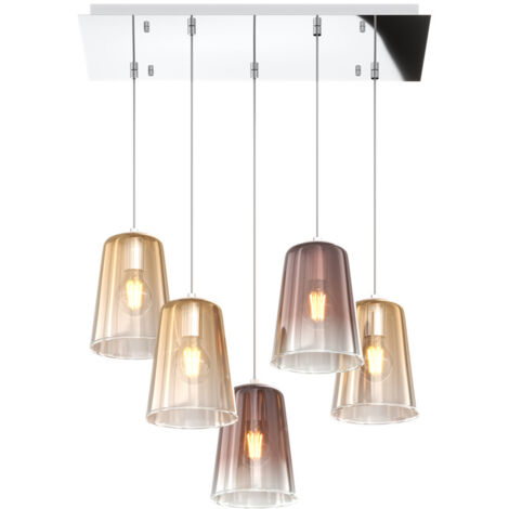 Sospensione Contemp. Rett. Shaded Metallo Cromo Vetro Ambra E Rame 5 Luci E27