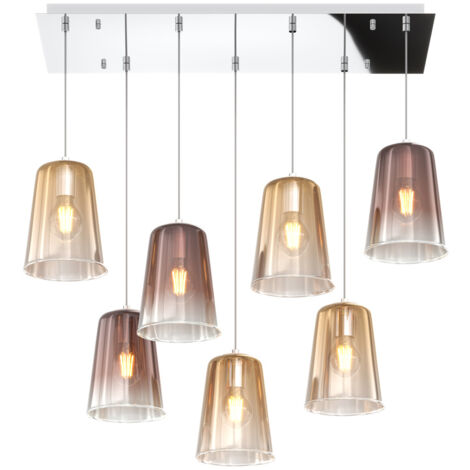 Sospensione Contemp. Rett. Shaded Metallo Cromo Vetro Ambra E Rame 7 Luci E27