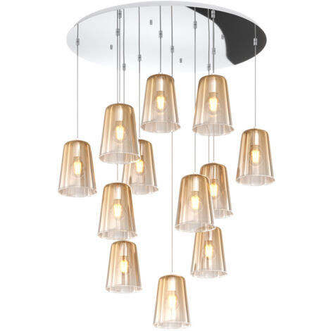 Sospensione Contemp. Rosone Tondo Shaded Metallo Cromo Vetro Ambra 12 Luci E27