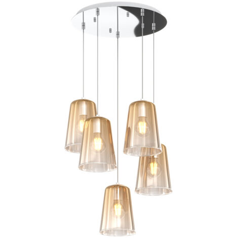 Sospensione Contemp. Rosone Tondo Shaded Metallo Cromo Vetro Ambra 5 Luci E27