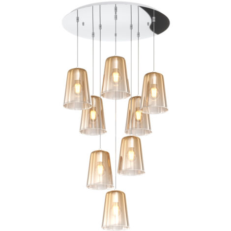 Sospensione Contemp. Rosone Tondo Shaded Metallo Cromo Vetro Ambra 8 Luci E27