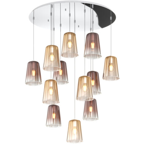 Sospensione Contemp. Rosone Tondo Shaded Metallo Cromo Vetro Ambra Rame 12 Luci