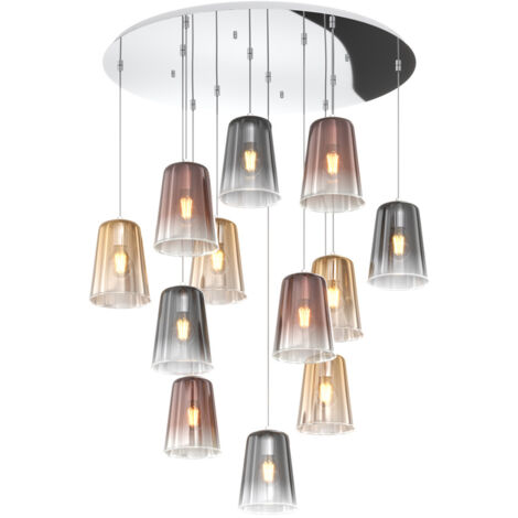Sospensione Contemp. Rosone Tondo Shaded Metallo Cromo Vetro Multicolor 12 Luci