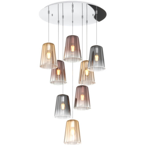 Sospensione Contemp. Rosone Tondo Shaded Metallo Cromo Vetro Multicolor 8 Luci