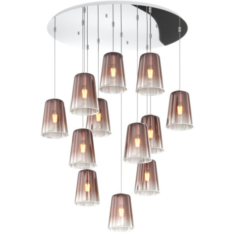 Sospensione Contemp. Rosone Tondo Shaded Metallo Cromo Vetro Rame 12 Luci E27