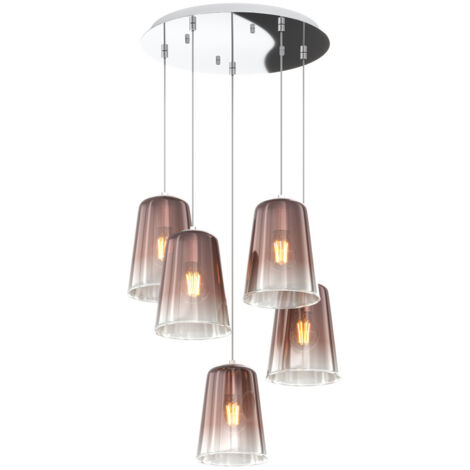 Sospensione Contemp. Rosone Tondo Shaded Metallo Cromo Vetro Rame 5 Luci E27