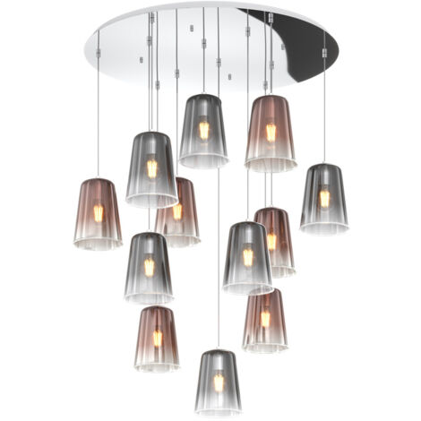 Sospensione Contemp. Rosone Tondo Shaded Metallo Cromo Vetro Rame Cromo 12 Luci