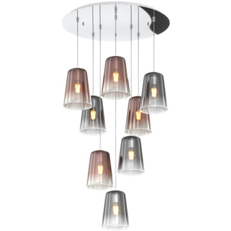 Sospensione Contemp. Rosone Tondo Shaded Metallo Cromo Vetro Rame E Cromo 8 Luci