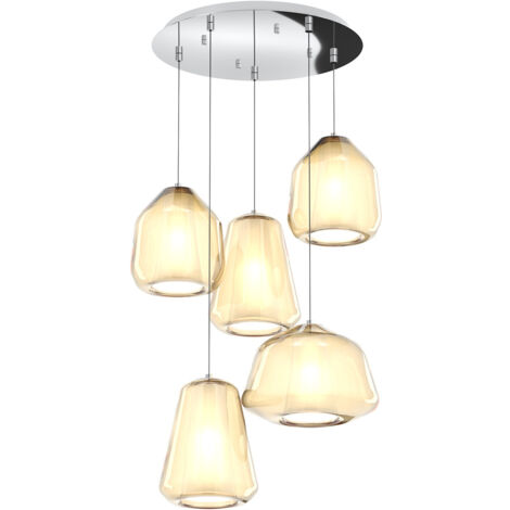 Sospensione Contemp Tonda Double Skin Metallo Cromo Vetro Mix Ambra 5 Luci E27