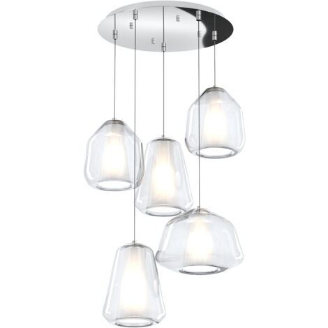 Sospensione Contemp Tonda Double Skin Metallo Cromo Vetro Mix Trasp 5 Luci E27