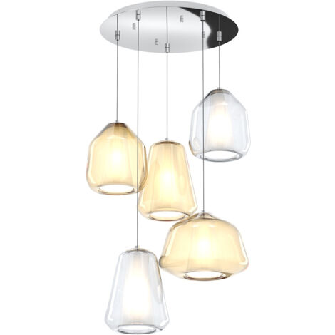 Sospensione Contemp Tonda Double Skin Metallo Cromo Vetro Mix Trasp Ambra 5 Luci
