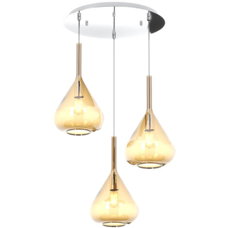 Sospensione Contemp Tonda Kona Metallo Cromo Vetro Ambra 3 Luci E27