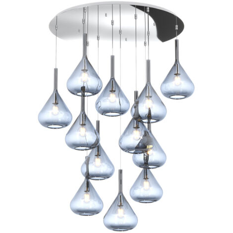Sospensione Contemp Tonda Kona Metallo Cromo Vetro Blu 12 Luci E27