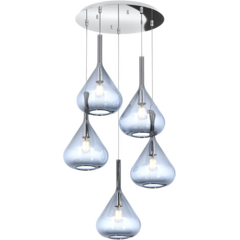 Sospensione Contemp Tonda Kona Metallo Cromo Vetro Blu 5 Luci E27