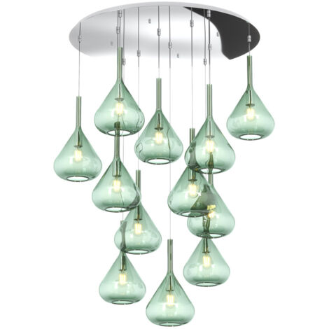 Sospensione Contemp Tonda Kona Metallo Cromo Vetro Verde 12 Luci E27