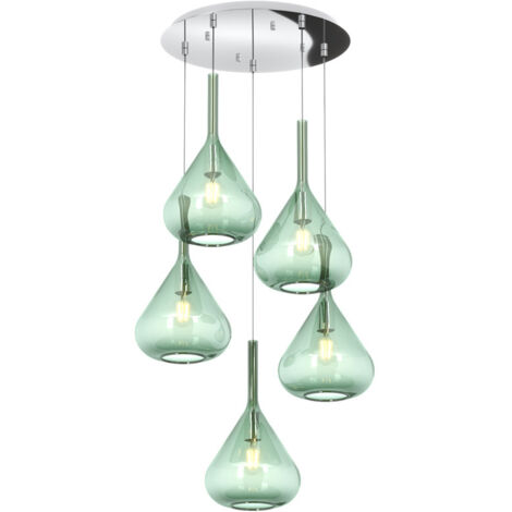 Sospensione Contemp Tonda Kona Metallo Cromo Vetro Verde 5 Luci E27