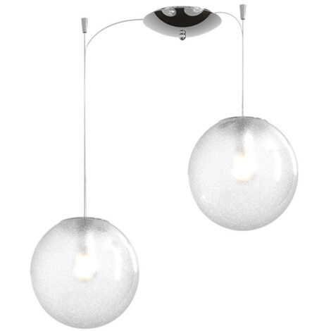 Sospensione Contemporanea Glitter Metallo Cromo Vetro Soffiato Trasp 2 Luci E14
