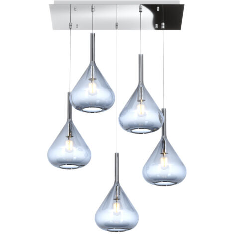 Sospensione Contemporanea Kona Metallo Cromo Vetro Blu 5 Luci E27
