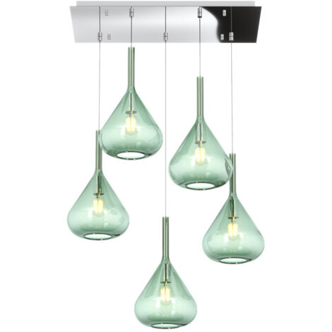 Sospensione Contemporanea Kona Metallo Cromo Vetro Verde 5 Luci E27