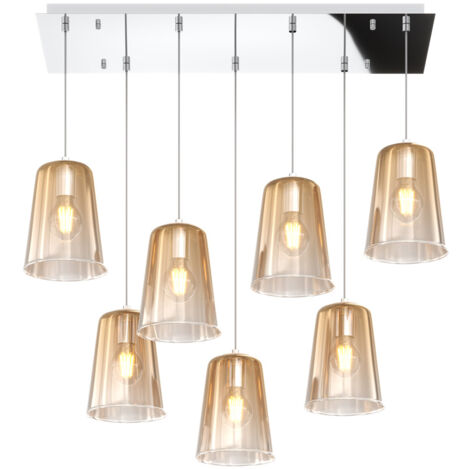 Sospensione Contemporanea Rett. Shaded Metallo Ambra Vetro Cromo 7 Luci E27