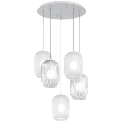 Sospensione Contemporanea Tender Metallo Bianco Vetro Trasp E Bianco 5 Luci E27