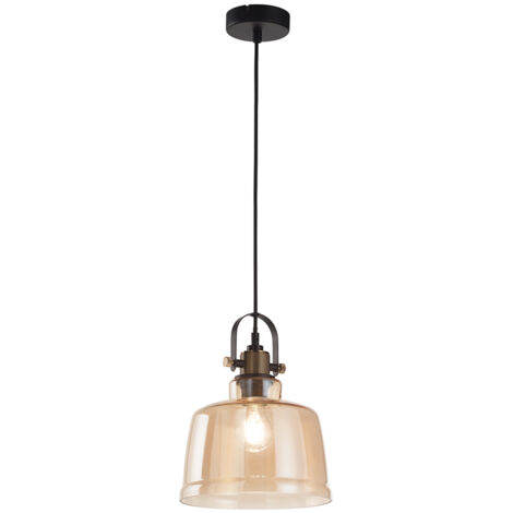Sospensione Contemporanea Vintage Metallo Nero Vetro Ambra 1 Luce E27