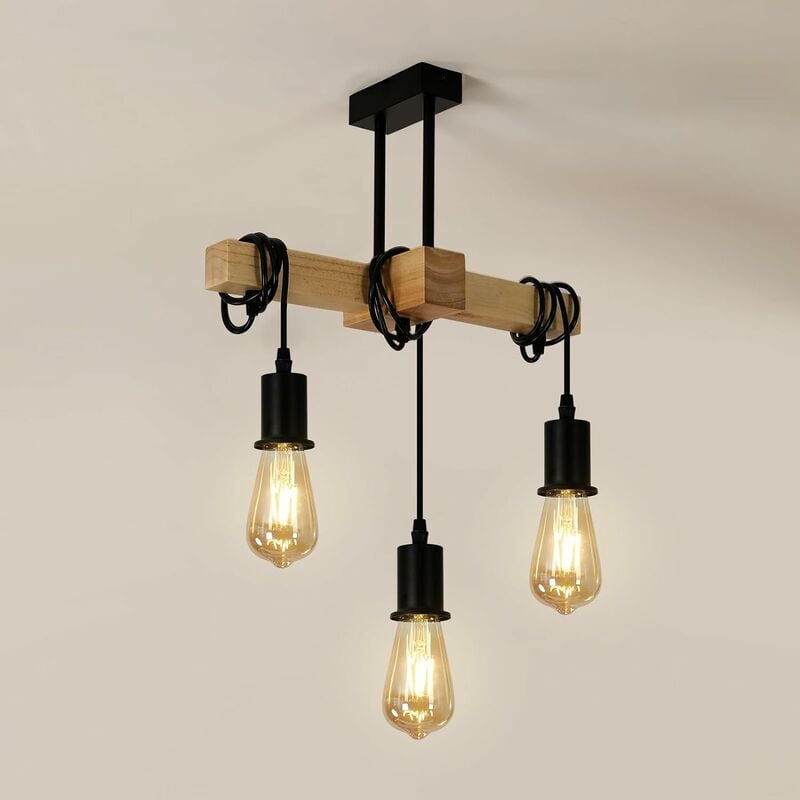 Image of Sospensione di illuminazione industriale, lampada a sospensione vintage in legno, lampadario del soggiorno in metallo nero, 3 prese E27, lampadario